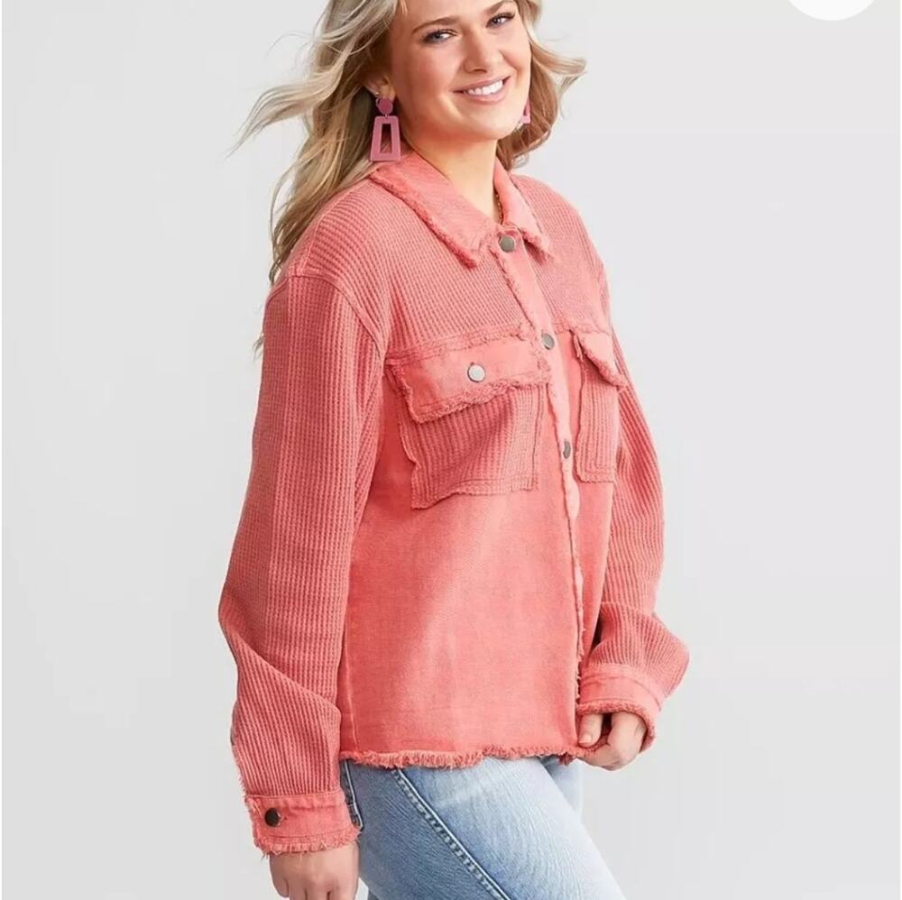 Buckle BKE Pieced Waffle Knit Denim Jacket Frayed Edges
